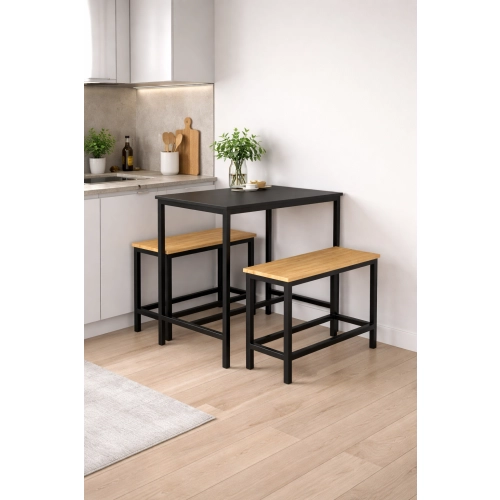 Zestaw Barowo - Jadalniany z Metalu , Blat Czarny Płyta MDF  Stół +2 Ławki Model  ZETS-11